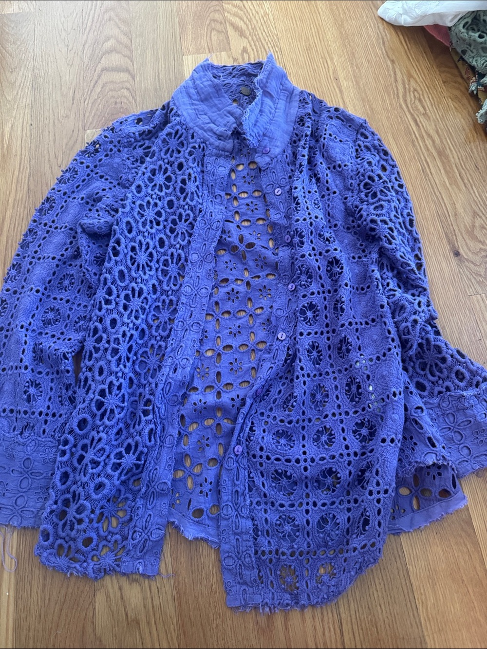 Free People Purple Crochet Openwork Button-Up Top